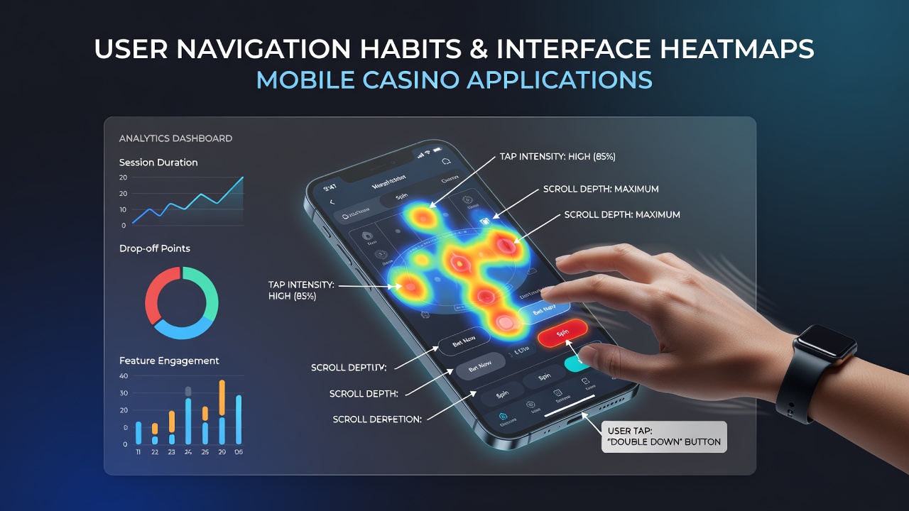 Heatmap visualization showing user interaction density on a mobile casino app interface with red and yellow hotspots over game selection and navigation menus