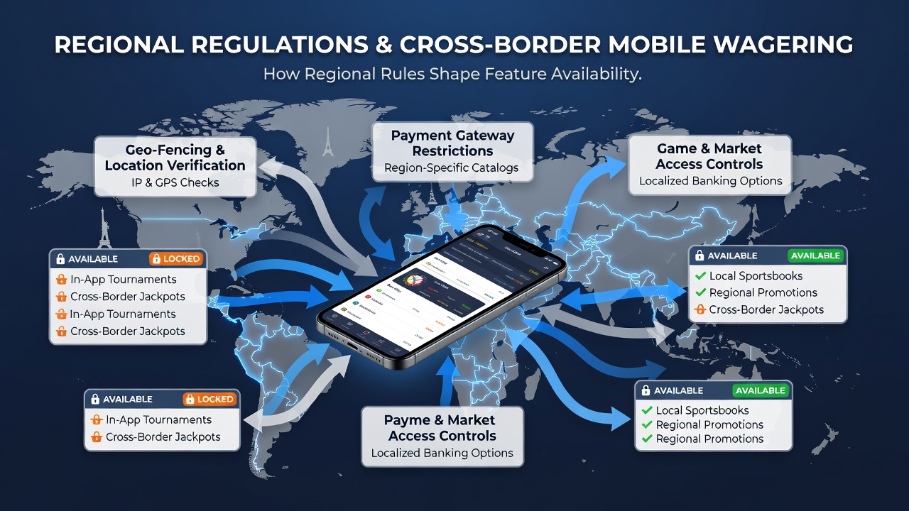 Map overlay on a smartphone screen illustrating regulatory zones affecting wagering app features