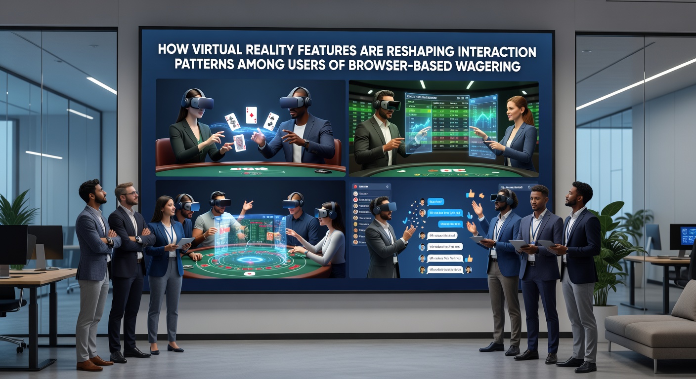 Group of avatars interacting around a virtual poker table in a browser-based VR wagering environment with spatial elements