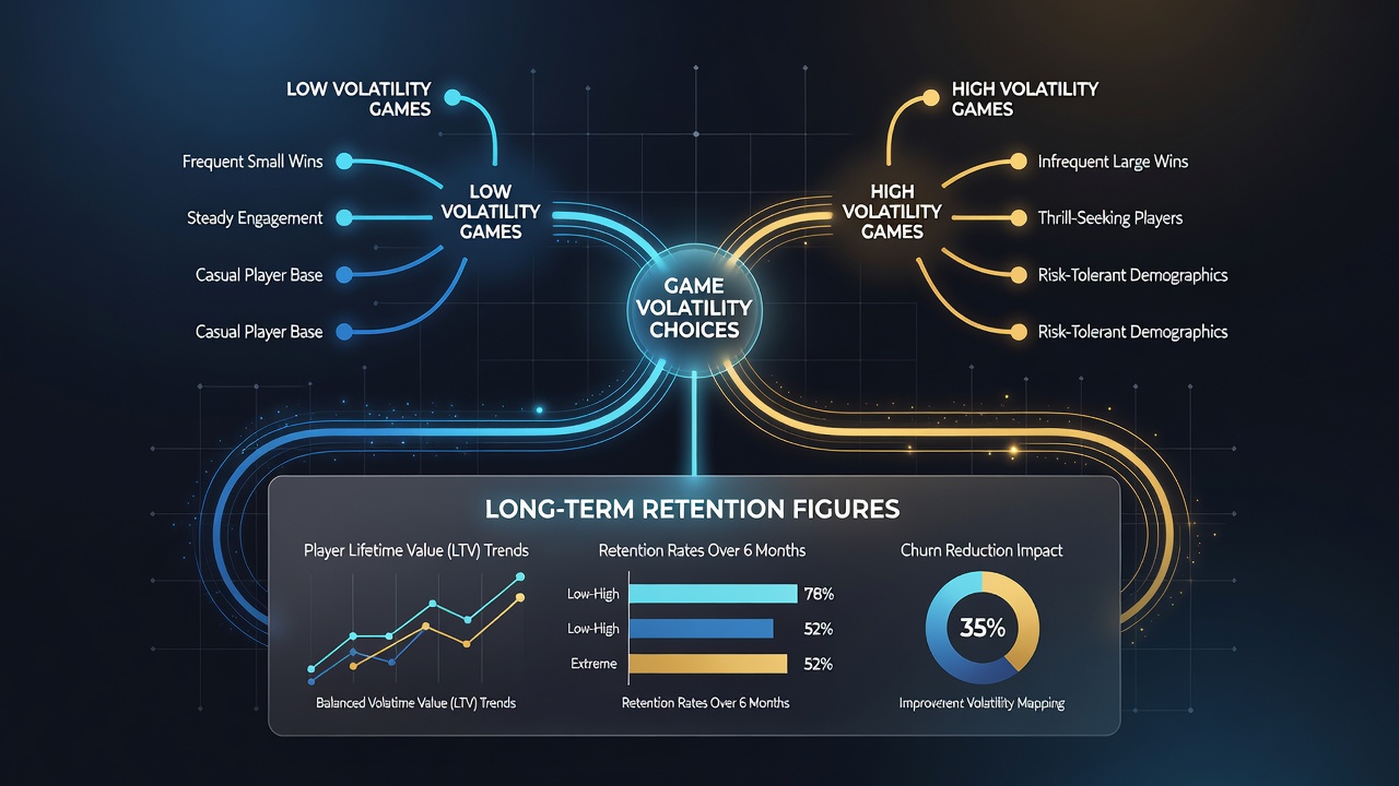 Charts displaying retention rate comparisons across different game volatility segments in digital casino environments