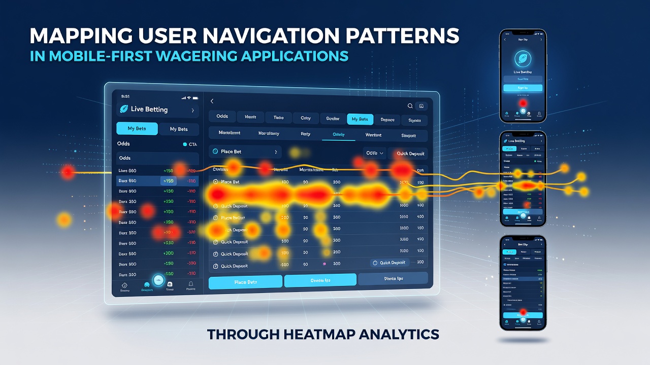 Heatmap overlay on a mobile wagering app interface showing user tap density and scroll paths