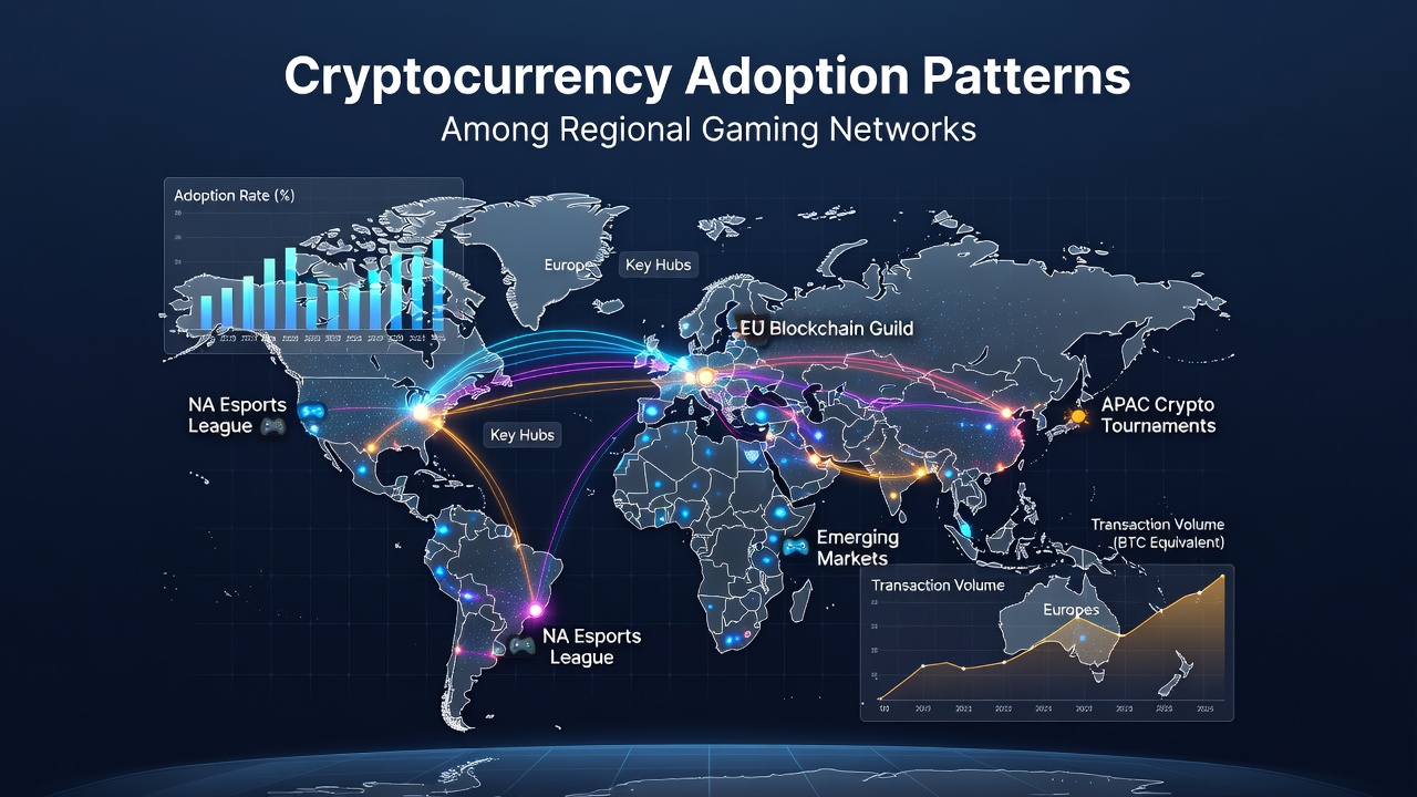 Regional gaming networks showing cryptocurrency transaction flows on digital maps